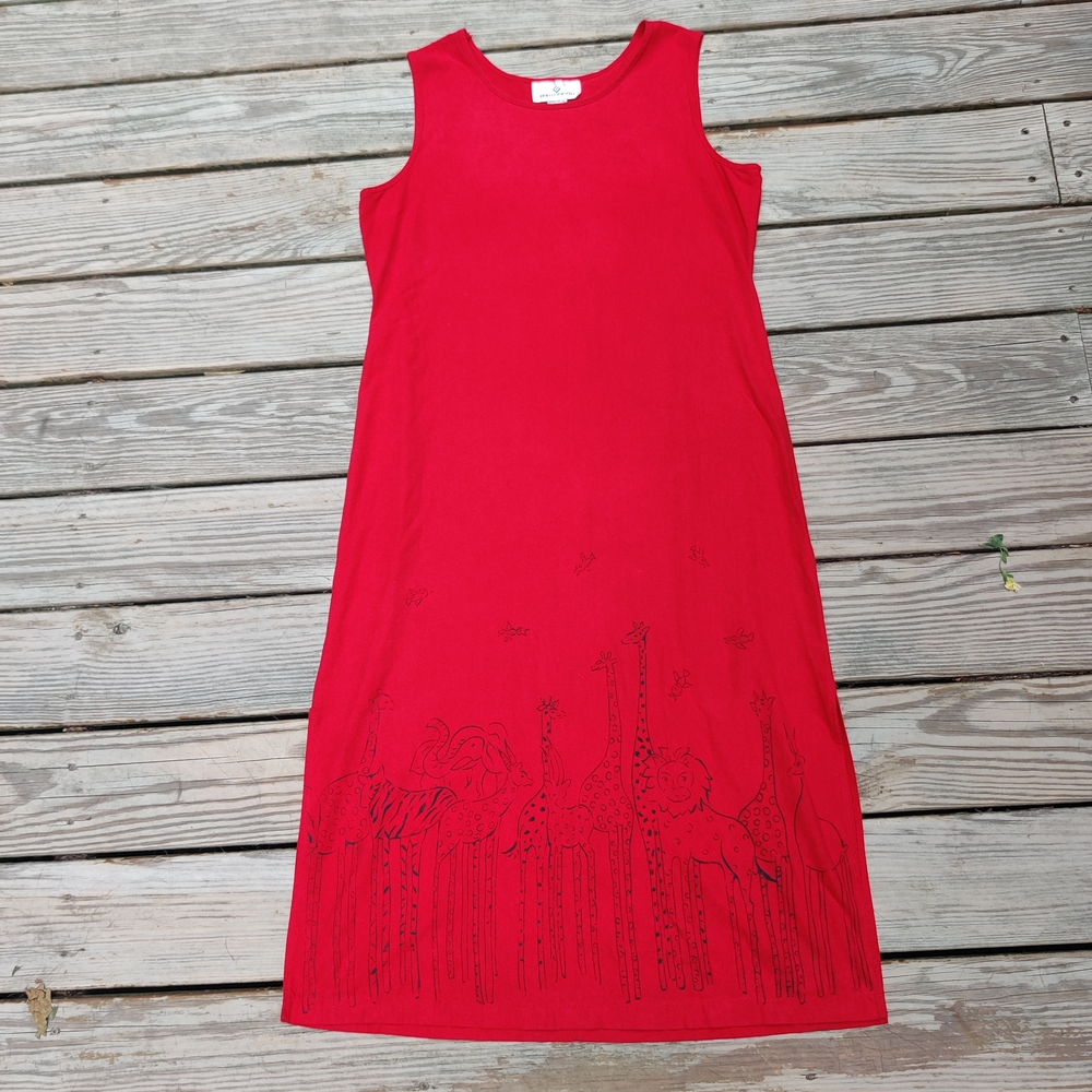 Vintage Silk Red Dress L Sleeveless African Wildlife Print Giraffe Lion Antelope